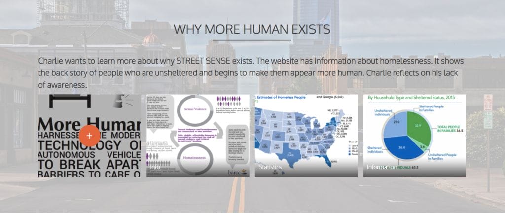A background cityscape with an overlay of text about homelessness and humanizing the unsheltered. Below, there are charts and infographics related to homelessness statistics and demographics in the U.S.
