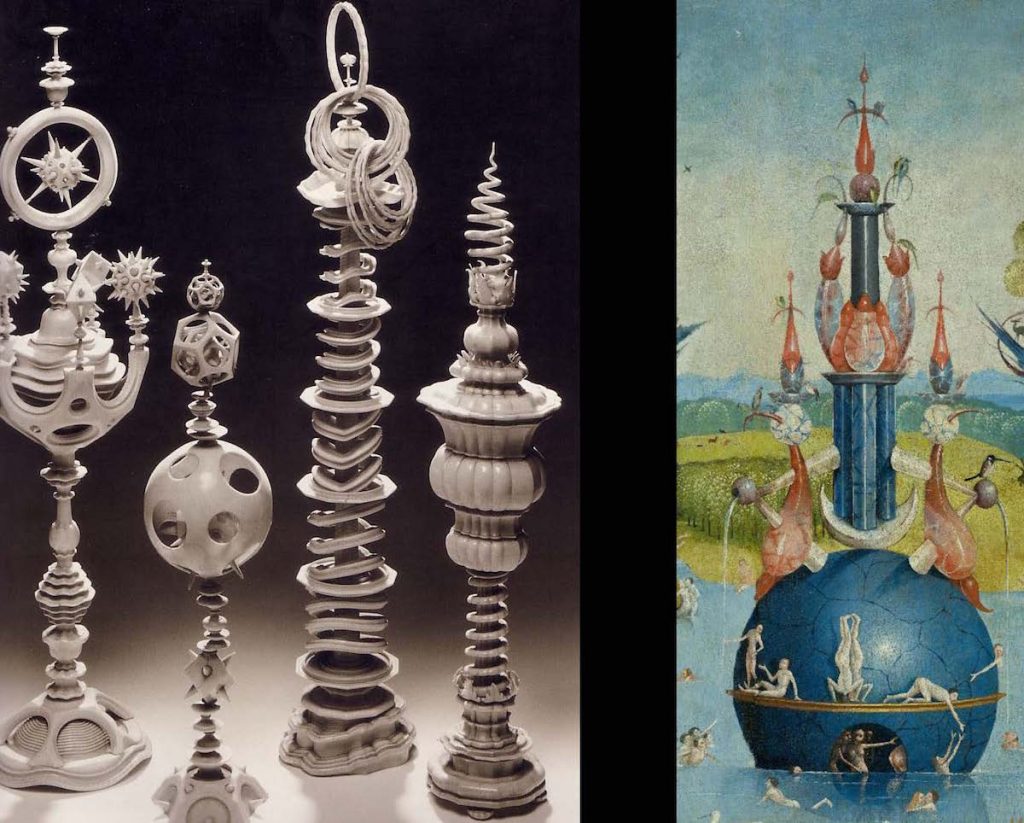 Intricate sculptures with stacked geometric shapes and spirals are displayed on the left, reminiscent of a Habsburg-Burgundian spectacle. On the right, an artistic painting evokes the Garden of Earthly Delights with abstract, layered structures and figures orbiting a blue sphere.