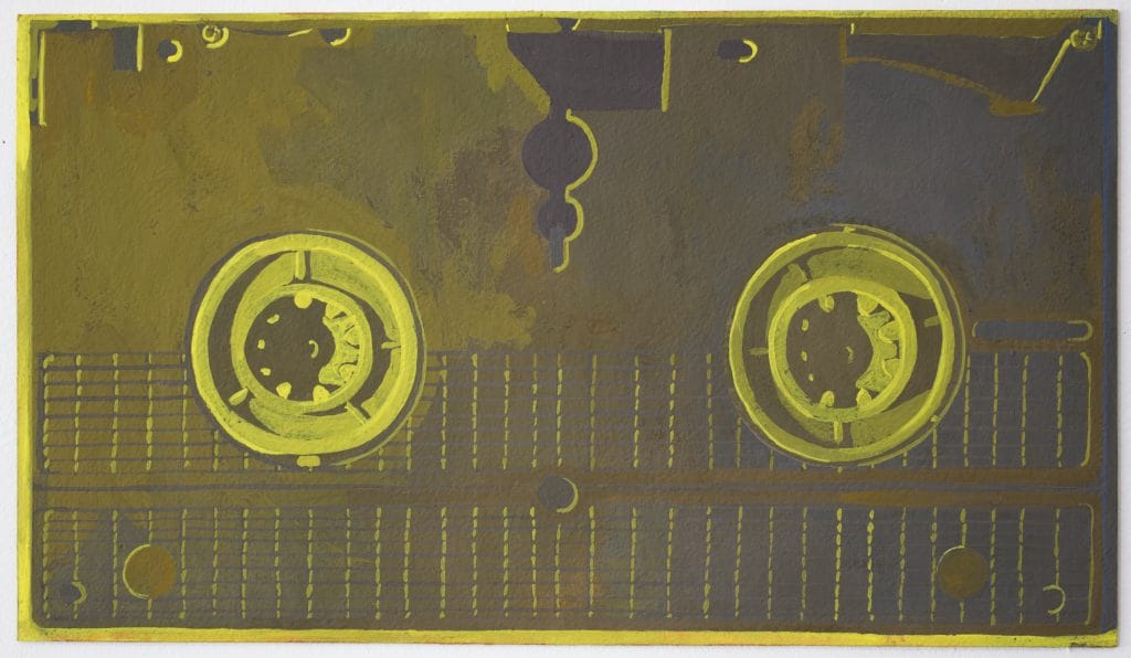 An abstract painting resembling a yellow cassette tape. The artwork features two circular shapes and grid-like patterns against a muted, textured background, creating a vintage and nostalgic feel.