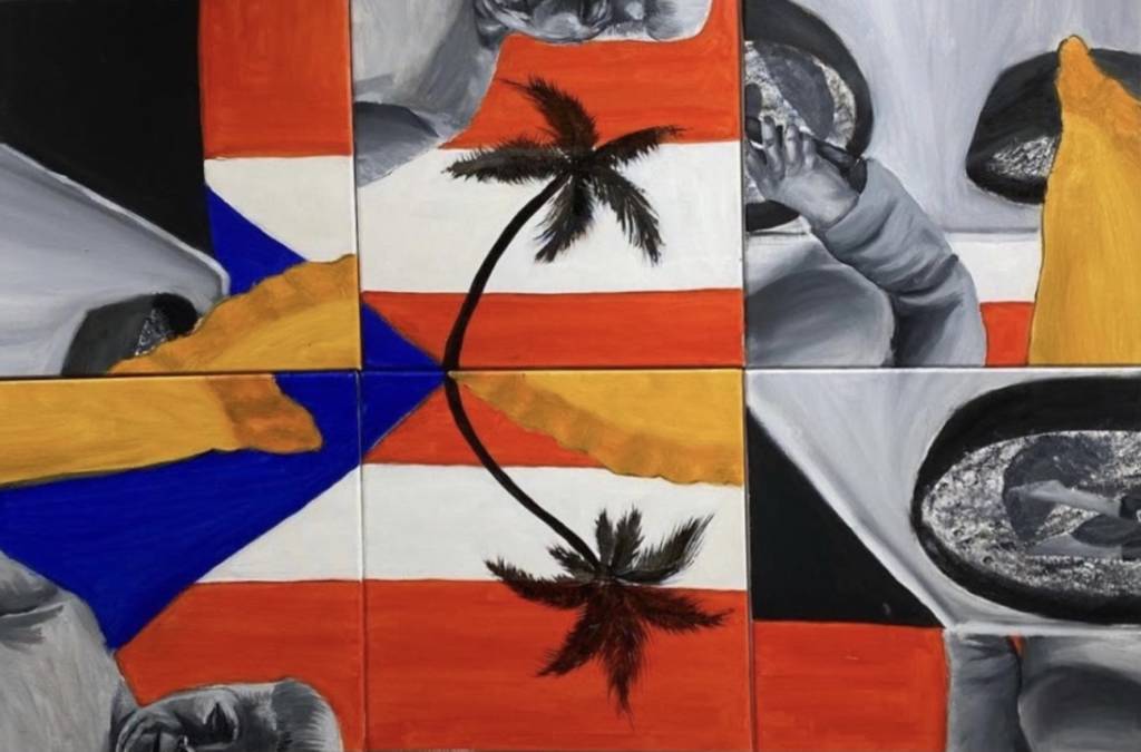 Abstract artwork featuring a grid of six panels, each divided into sections with a palm tree silhouette in the center. Reminiscent of Karl Stevens style, the background boasts orange, blue, and white geometric patterns mingling with grayscale hands and a face.