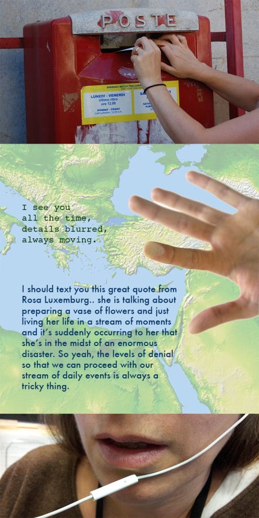 Split image: Top shows hands posting a letter into a red mailbox labeled POSTE. Middle reveals a hand reaching over a world map with poetic text overlay, as if exploring what we see. Bottom displays a person speaking into a white headset microphone, capturing the essence of times narrative.