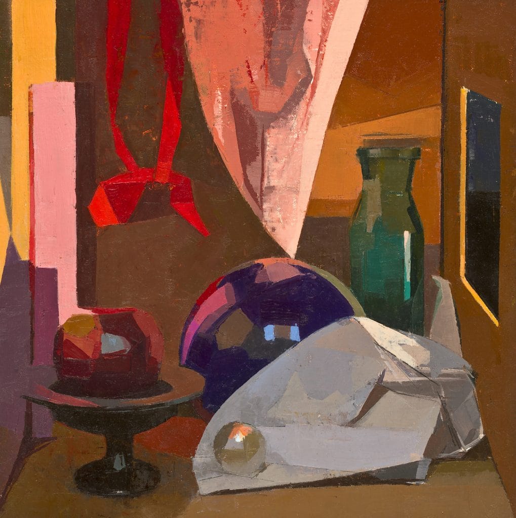 A vibrant still life painting showcases a red apple on a stand, a glass bottle, and folded white cloth. Nearby, a giant pearl adds intrigue to the scene. A red ribbon hangs gracefully with draped pink fabric as the enchanting backdrop.