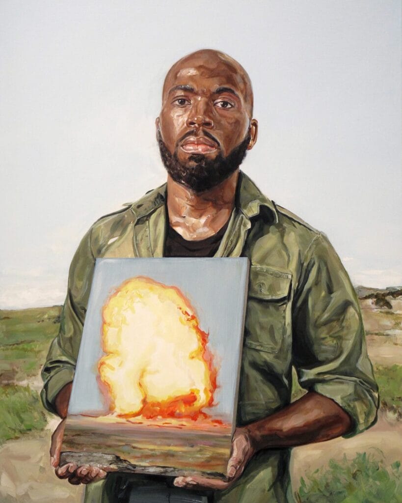 A painting of a man holding a canvas with a fire mushroom cloud.