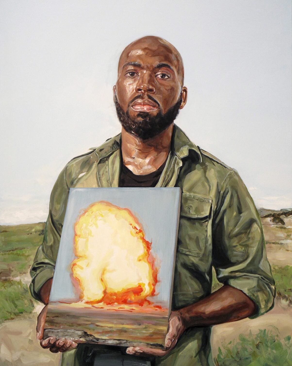 A painting of a man holding a canvas with a fire mushroom cloud.