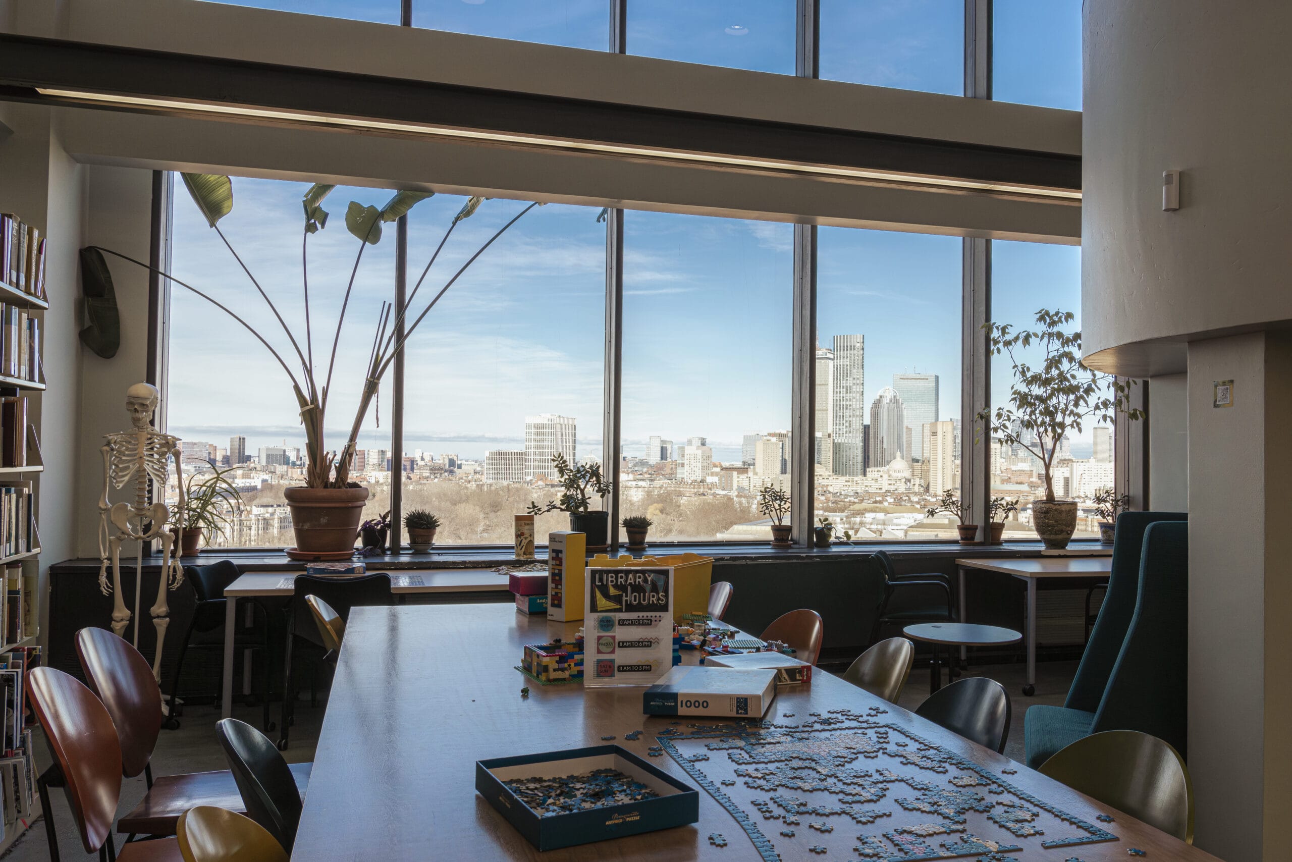A modern library with large windows framing a city skyline. A puzzle is partially assembled on the table. Indoor plants and a skeleton model decorate the space, with shelves of books lining the walls. Natural light fills the room.