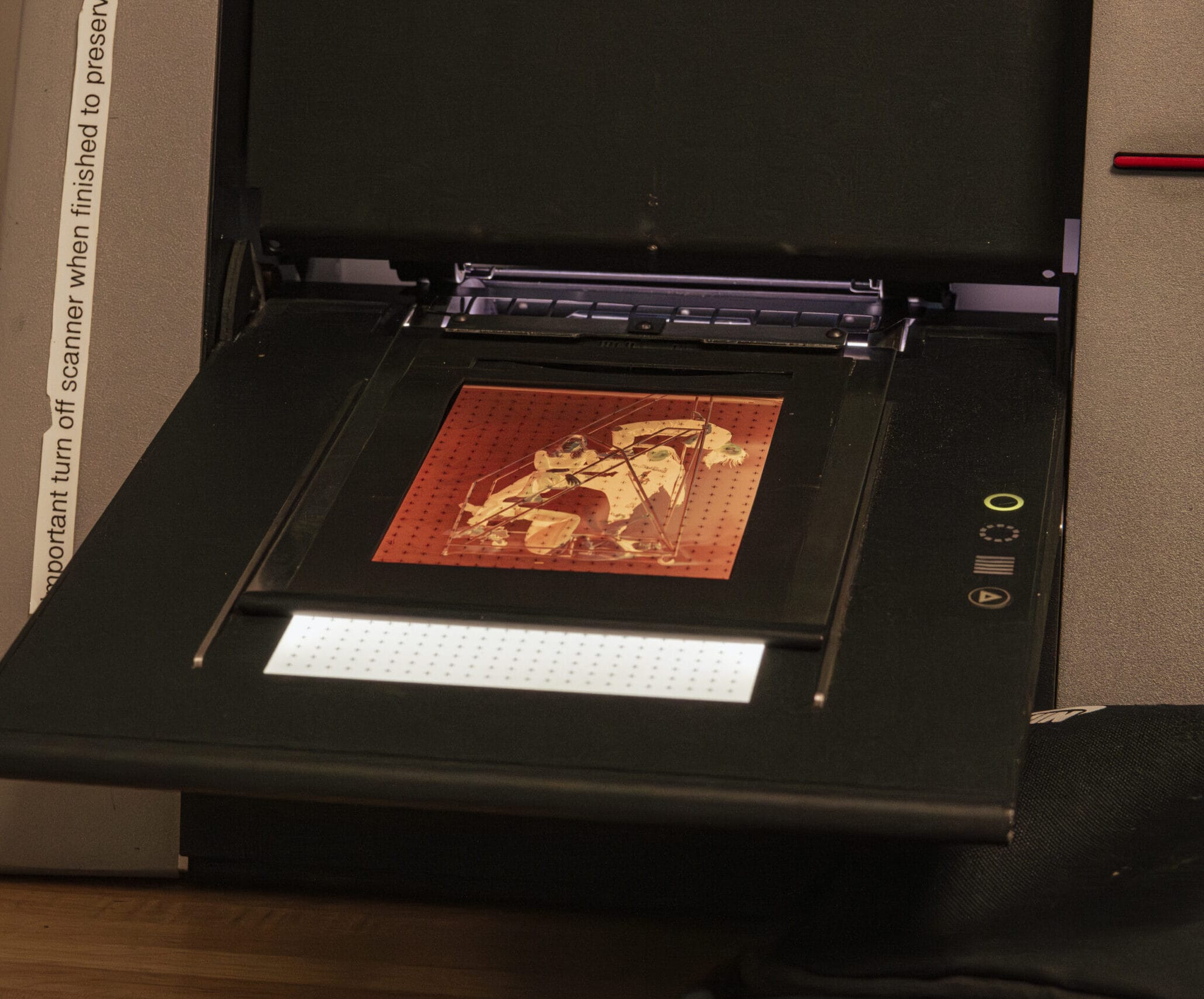 A color negative in a digital photo scanner.