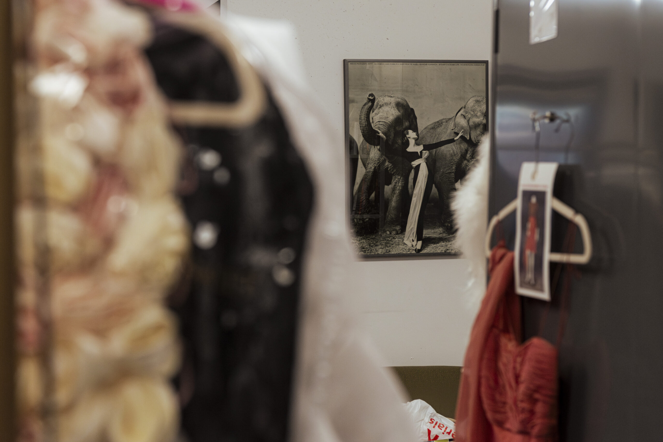 A creative fashion design studio features a room with clothes hanging on a rack in the foreground. In the background, a black-and-white photograph of a person standing with two elephants adorns the wall, adding an artistic touch to this vibrant space.