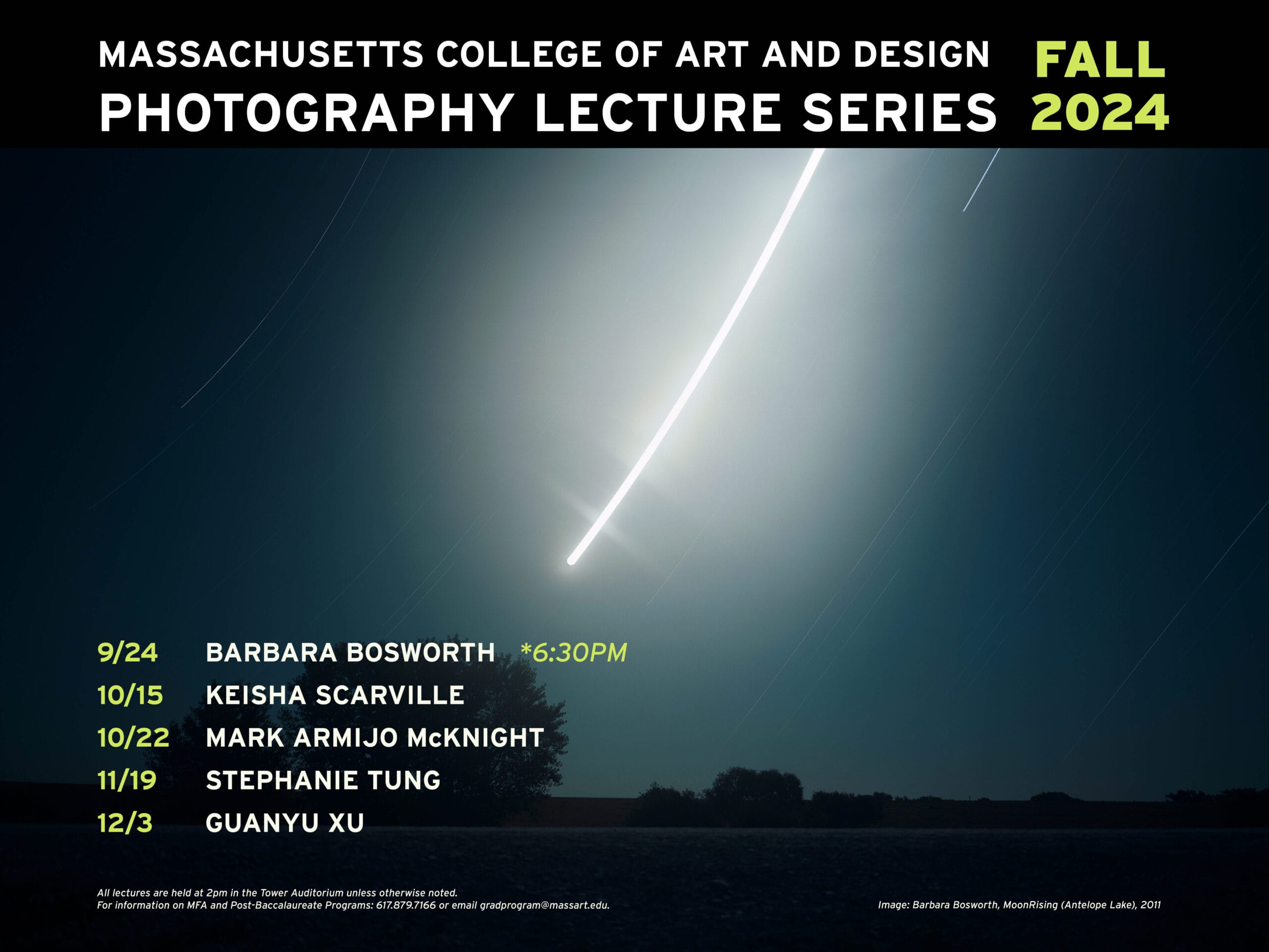 A promotional image for the Massachusetts College of Art and Design Photography Lecture Series, Fall 2024. It features a celestial backdrop with bright light streaks and lecture dates for four artists: Barbara Bosworth, Keisha Scarville, Mark Armijo McKnight, Stephanie Tung, and Guanyu Xu.