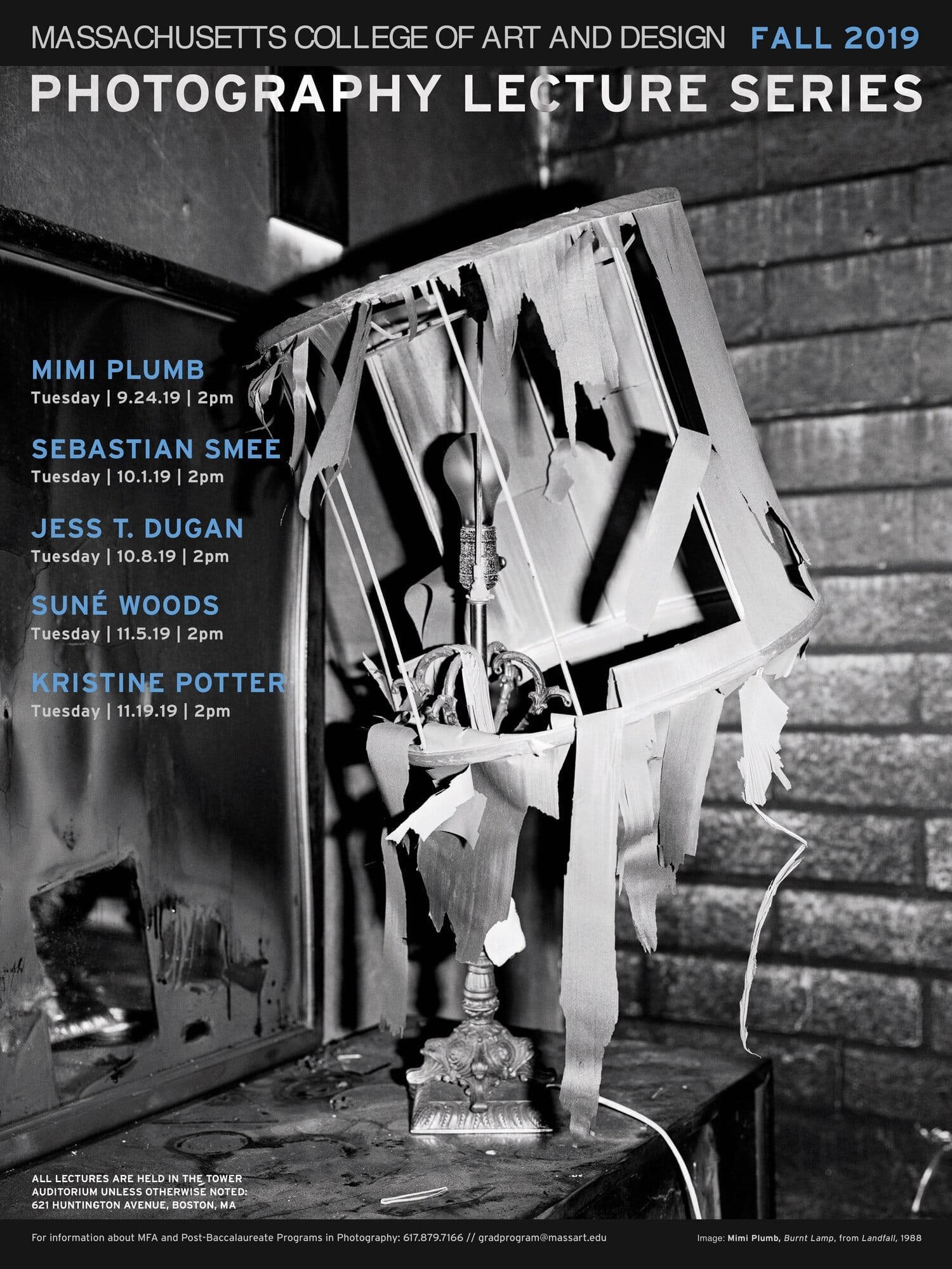 A black-and-white poster for the Photography Lecture Series at Massachusetts College of Art and Design’s Fall 2019 event, featuring a broken lampshade alongside a list of speakers with dates and times.