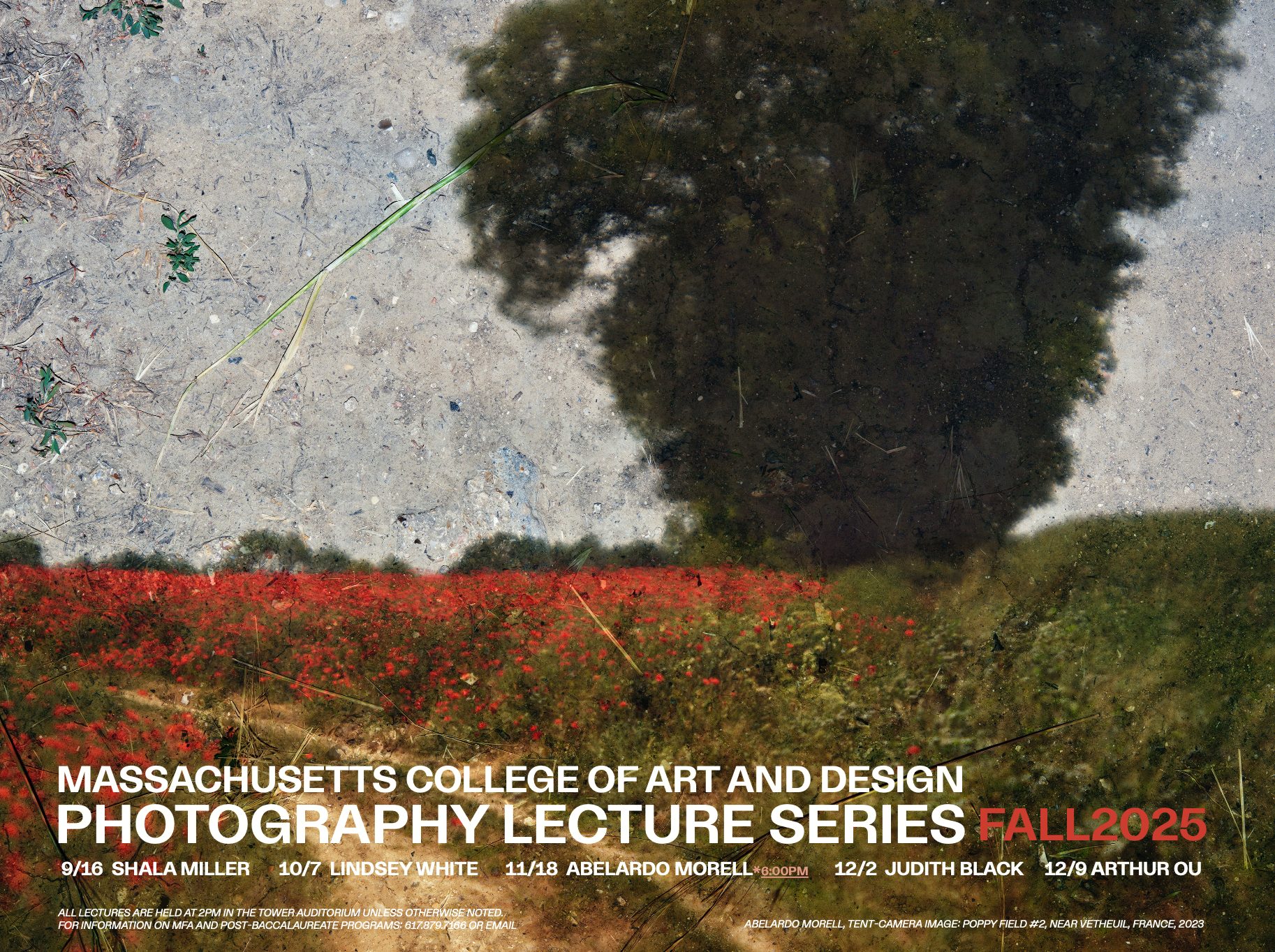 A blurred, tree-shaped figure stands in a field of red flowers under a blue sky. Text announces the Photography Lecture Series at Massachusetts College of Art and Design for Fall 2025, featuring speaker names and dates.