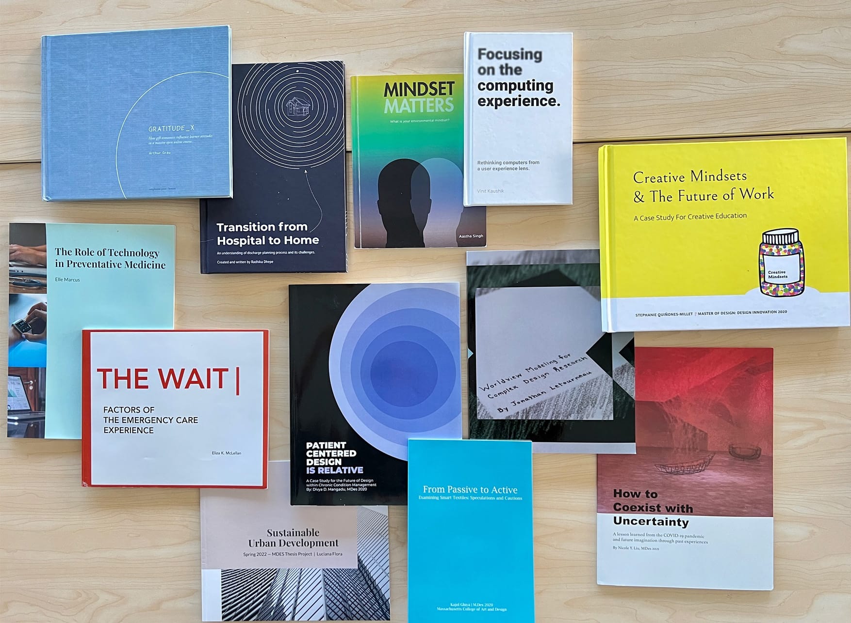 Design Innovation MDes Thesis Publications laid out on a table