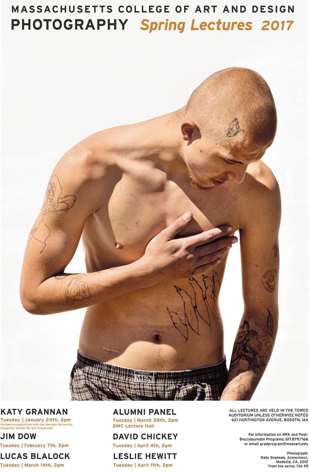 A shirtless, tattooed man stands against a plain white background, looking down while touching his chest. The image, centered on photography, is overlaid with text about the Massachusetts College of Art and Design Spring Lecture Series 2017.