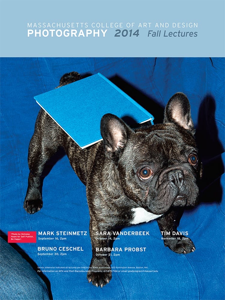A black French Bulldog stands on a blue couch with a blue book balanced on its back. Text promotes the Massachusetts College of Art and Design 2014 Photography Lecture Series.