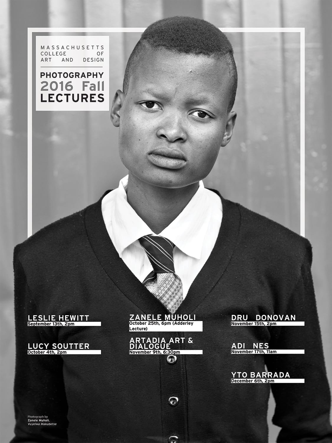 A black-and-white poster shows a person in a white shirt, tie, and dark sweater, with short hair, looking at the camera. Text promotes the 2016 Fall Photography Lecture Series at Massachusetts College of Art and Design.