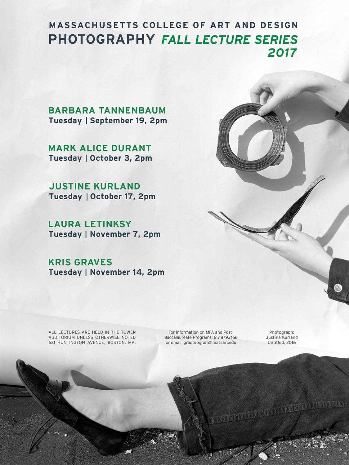 Poster for the Massachusetts College of Art and Design Photography Lecture Series Fall 2017, with lecture dates and times overlaid on a black-and-white photo of a person adjusting their shoe outdoors.