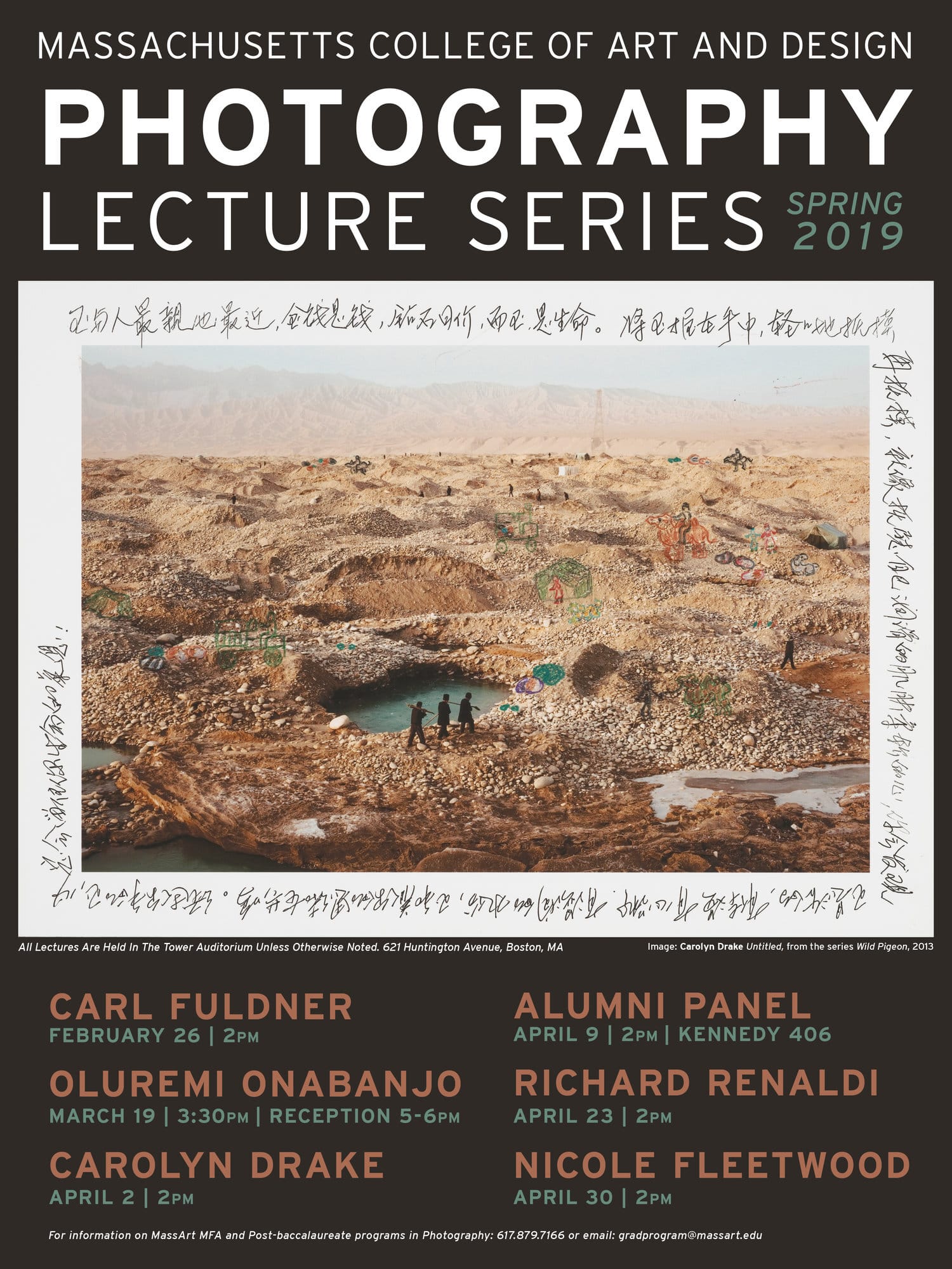 Poster for Massachusetts College of Art and Design’s Photography Lecture Series, Spring 2019, featuring event details, names of speakers, and an artwork depicting people by a large pool in a vast, scenic landscape.