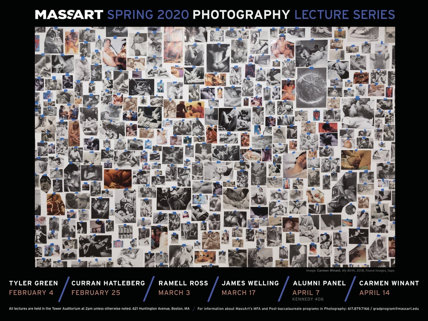 A collage of black-and-white and color photographs covers a wall. At the top, text announces the MASSART Spring 2020 Photography Lecture Series, with event dates and details listed below.