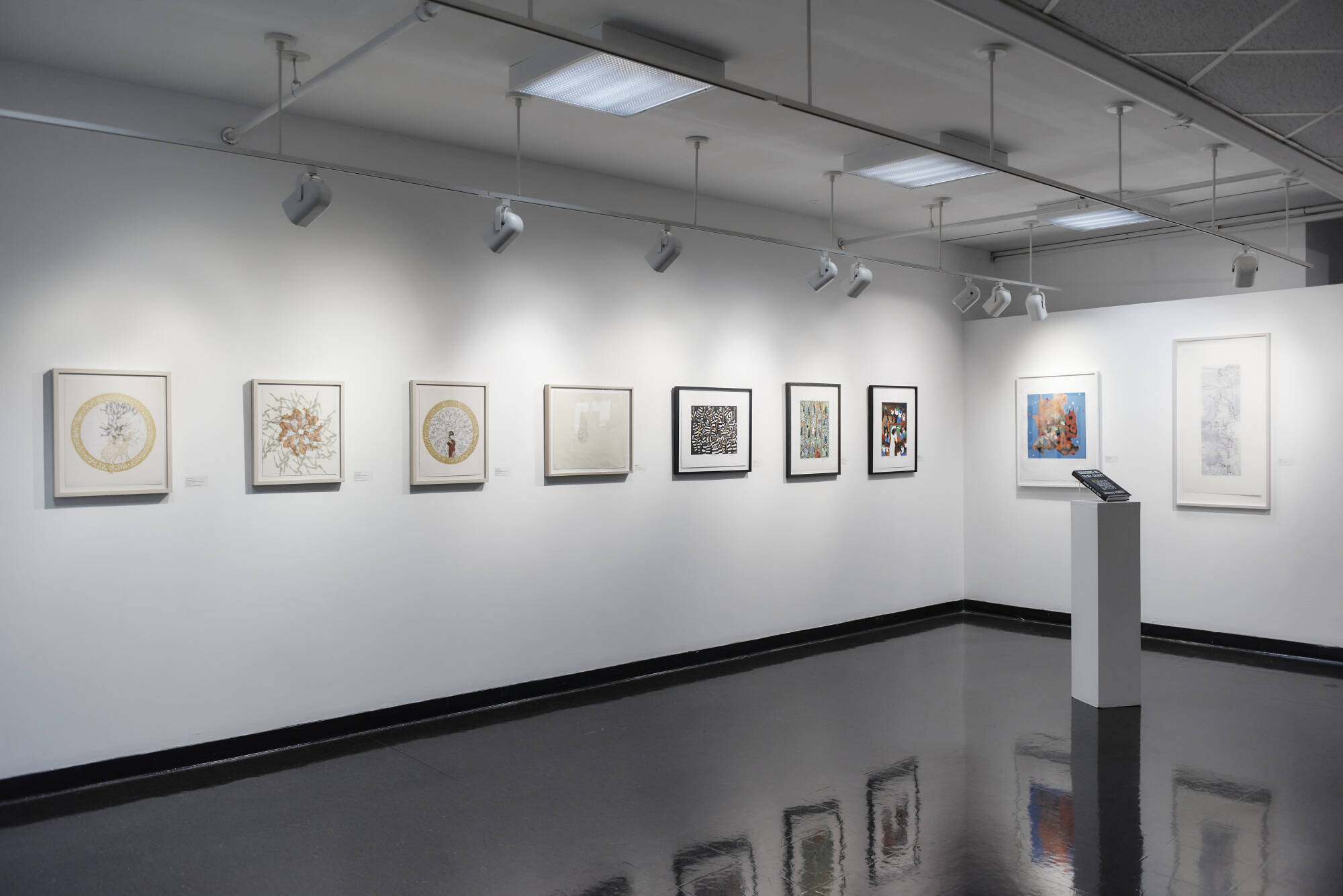 Framed artwork all lined up in a row on a white wall in the Frances Euphemia Thompson Gallery at MassArt.