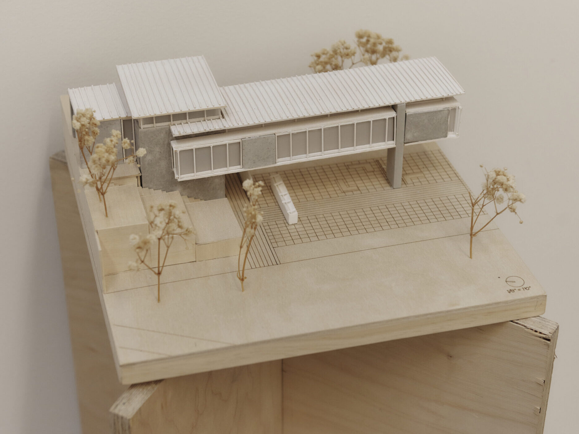 A modern style architectural model in balsa wood.