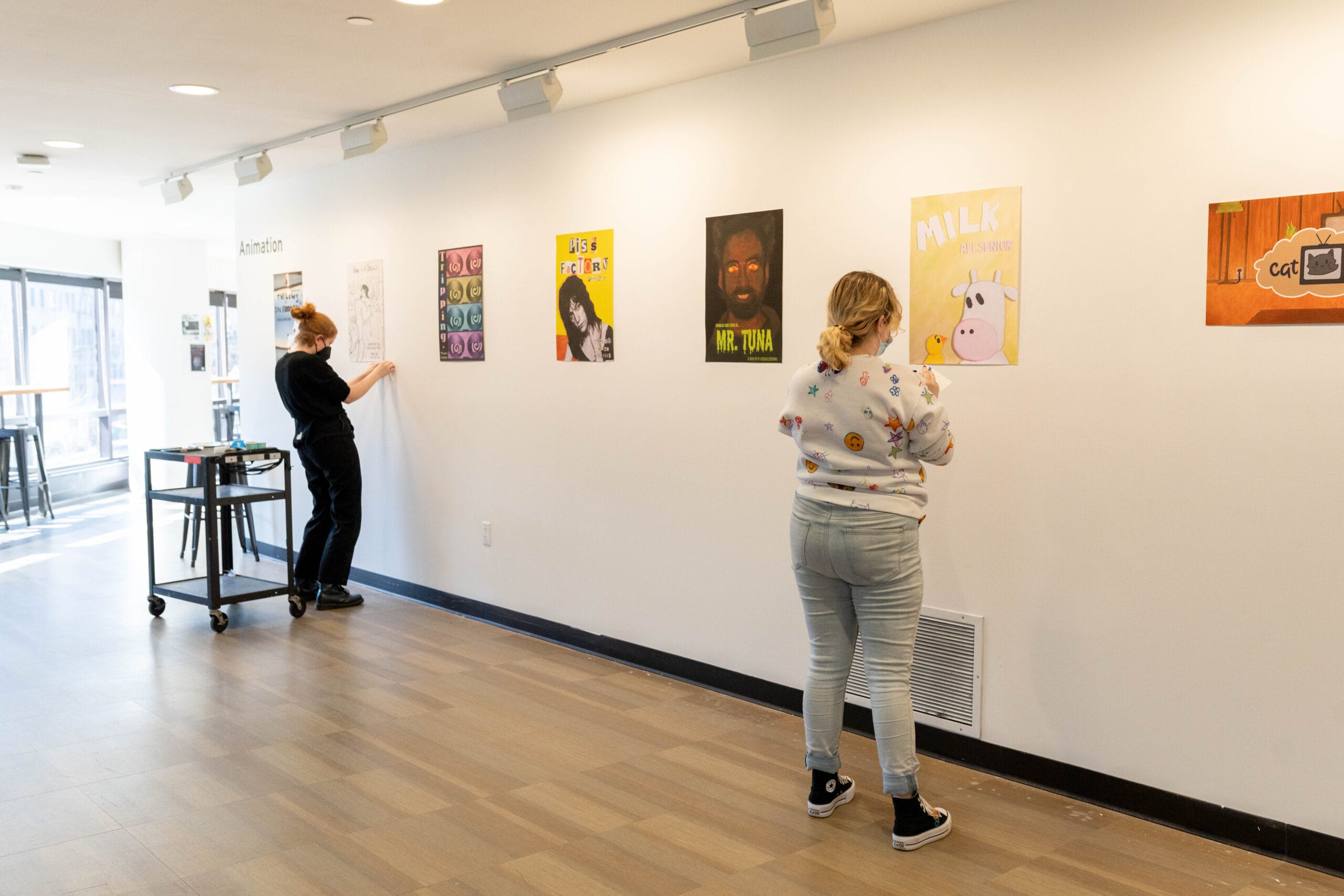 Two people hang art on a gallery wall. One on the left adjusts a drawing, while the other straightens a colorful poster with a cartoon cow. The well-lit room, reminiscent of MassArt galleries, features large windows in the background.