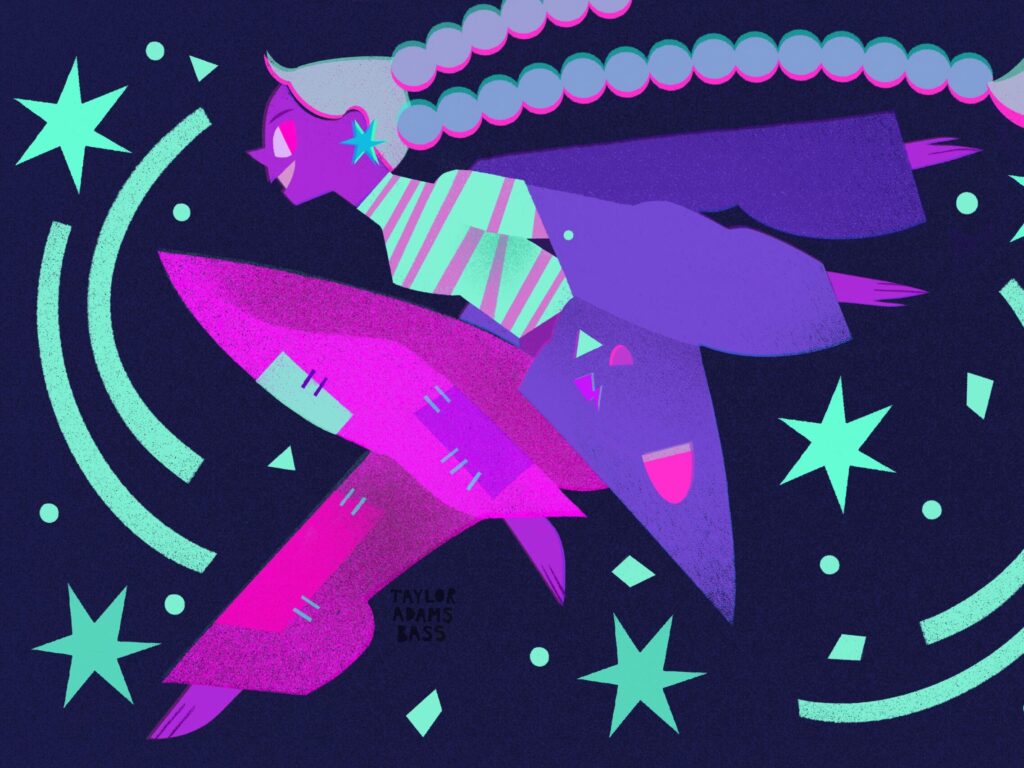 A colorful illustration of a futuristic person with a braided hairstyle navigating the cosmos, surrounded by stars. Clad in vibrant purple and pink attire, they glide through a deep blue backdrop with teal accents, reminding you to soar beyond horizons—just dont miss those admissions application deadlines.