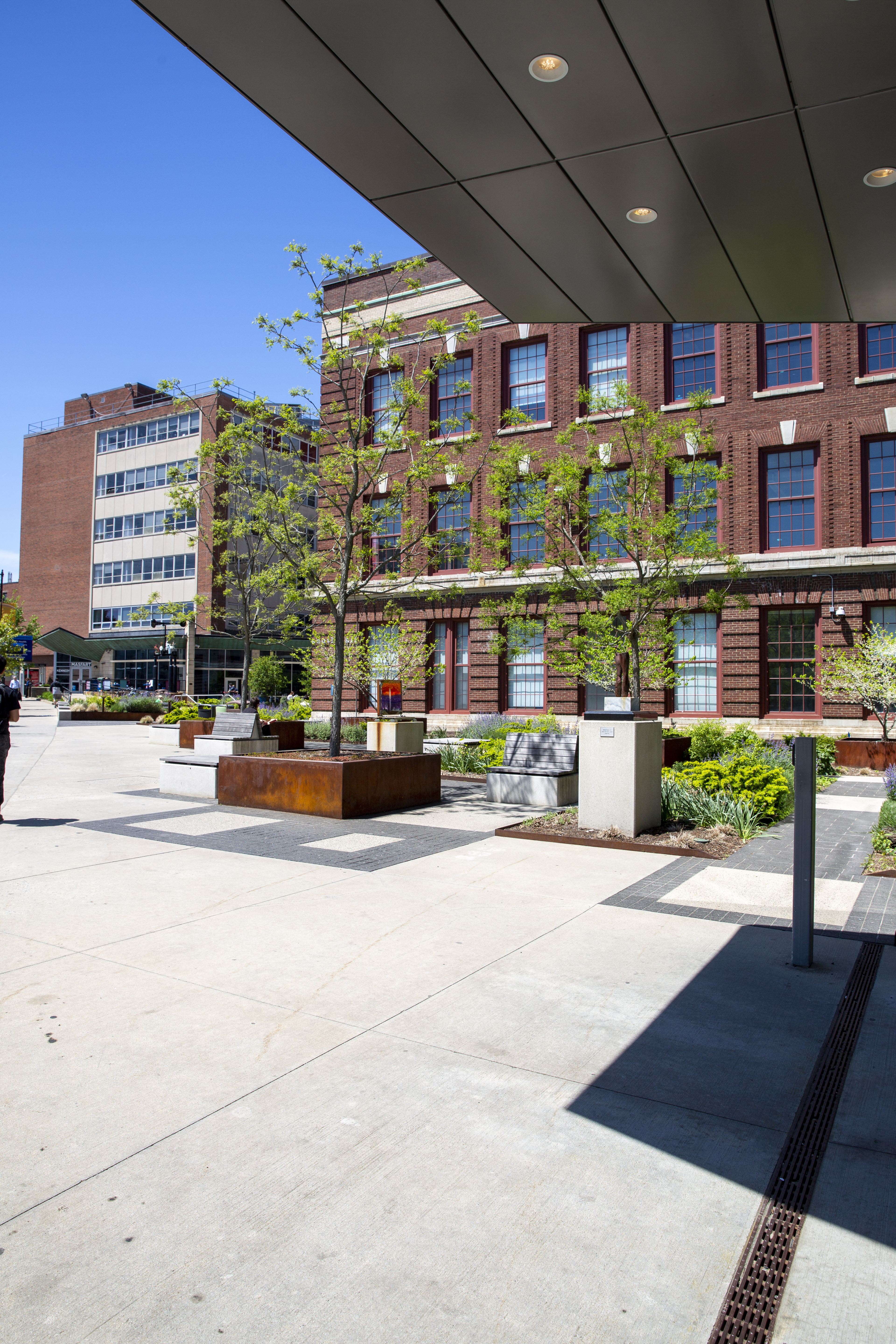 View of MassArt's South building and Kennedy building, as seen from the sidewalk on Huntington Avenue.