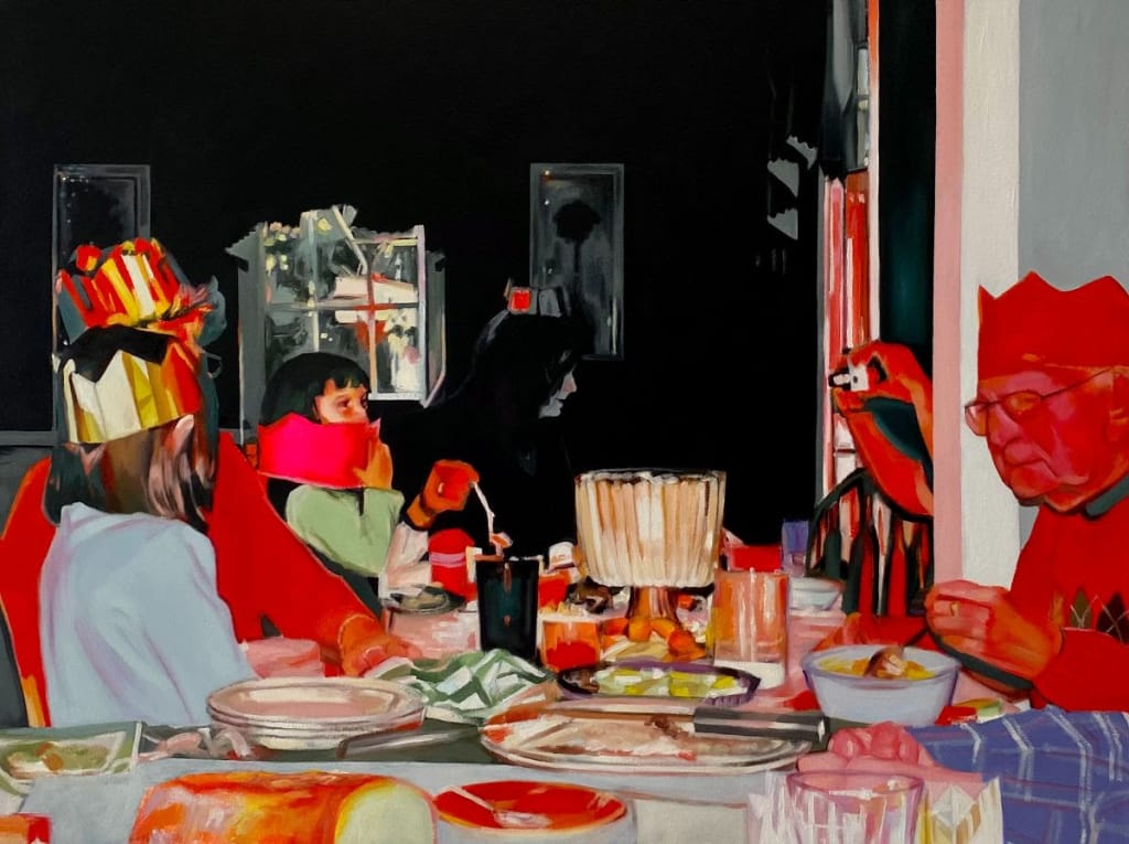 A painting of a table scene with black and red