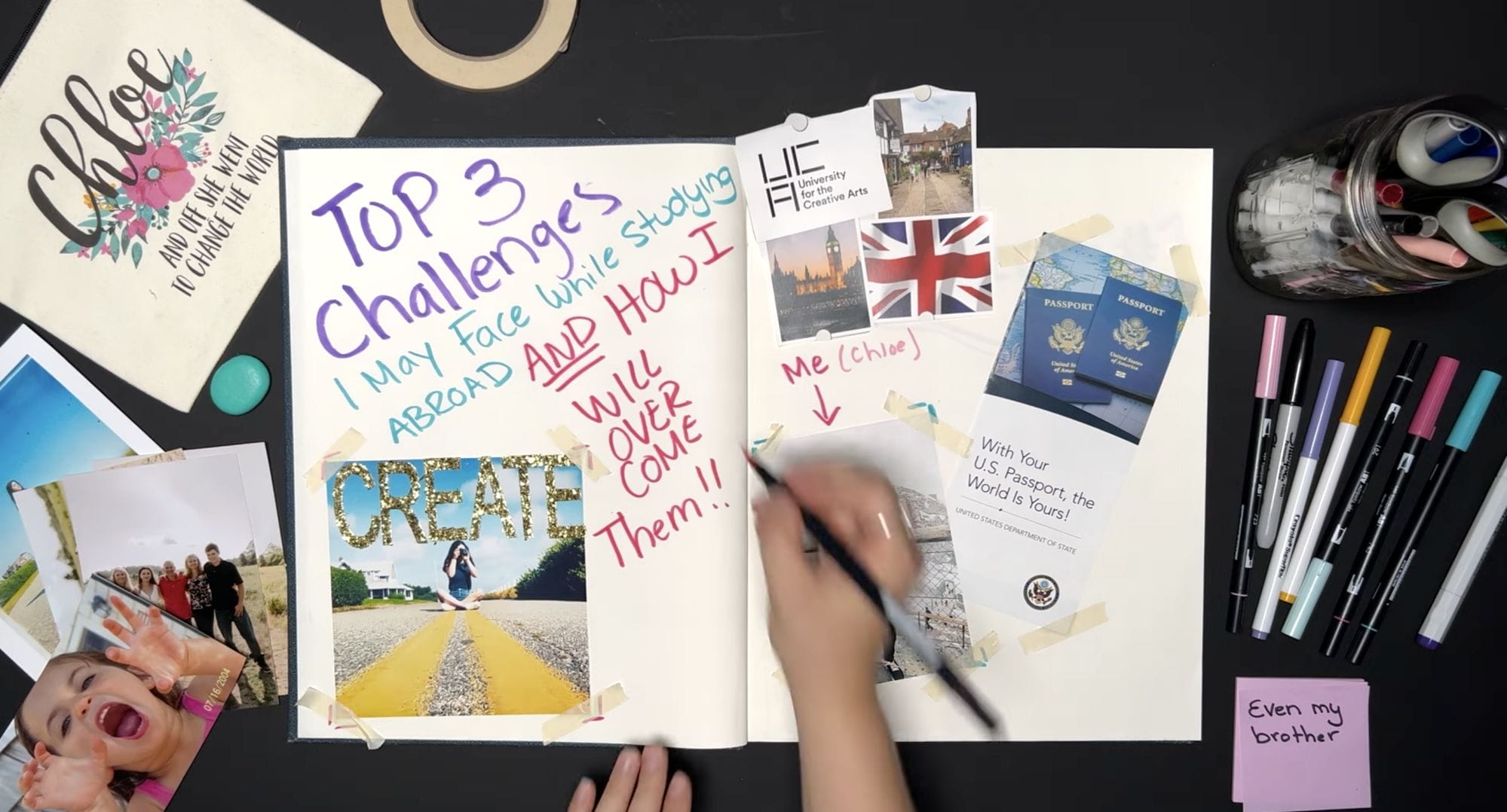 screenshot of a video still - a student writing in their journal "My Top 3 Challenges Abroad & How I'll Overcome Them"