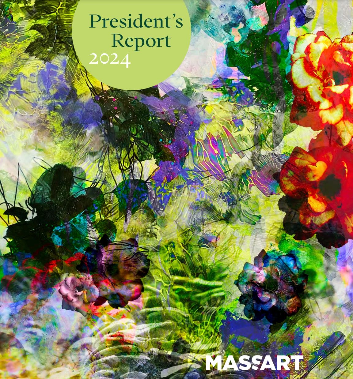 The cover of the MassArt President's Report 2024, with a floral painting featured on the cover.