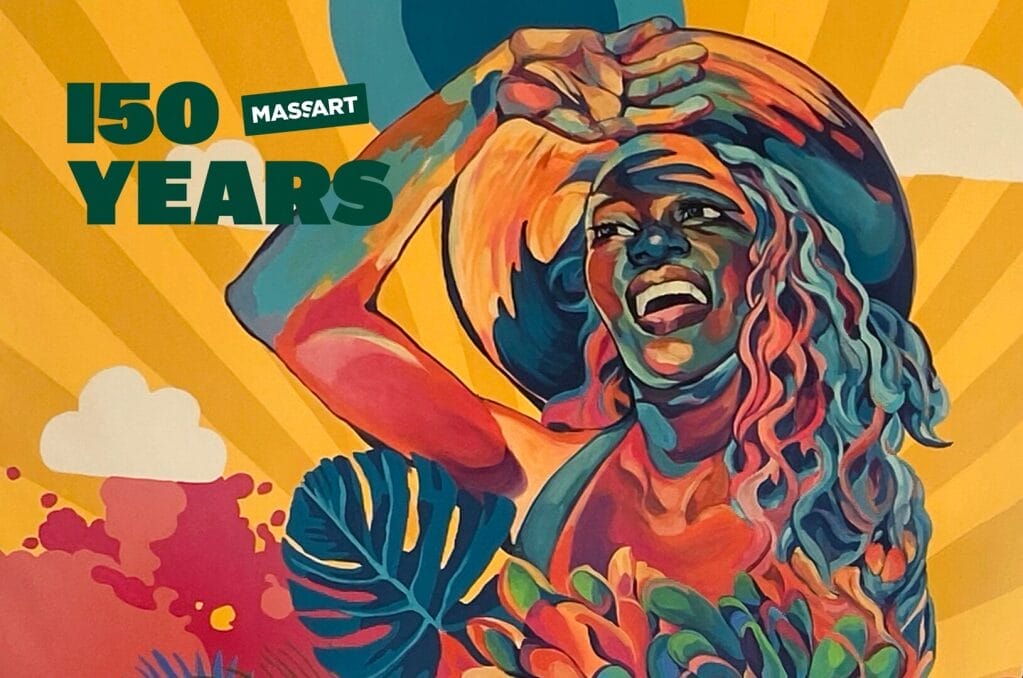 A painting of a woman smiling with her hand up to her forehead looking outward, with sun rays shining around her. MassArt's 150th Anniversary logo sits on top of the image.