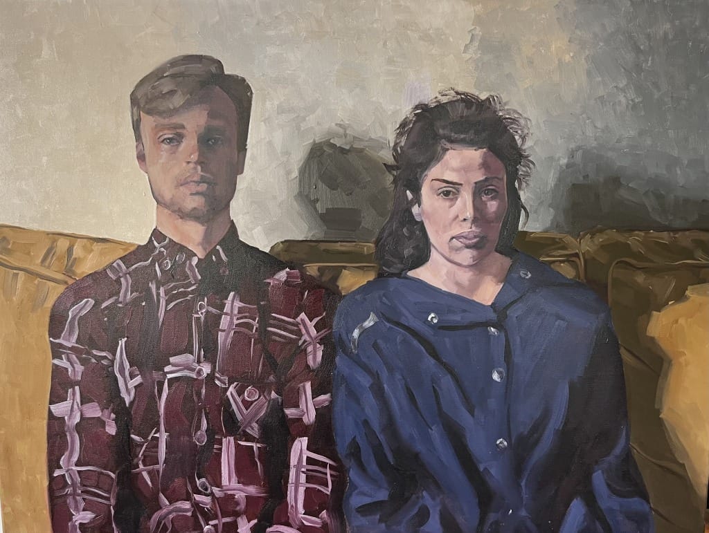 An oil panting of a man and a woman sitting on a couch with somber looking faces.
