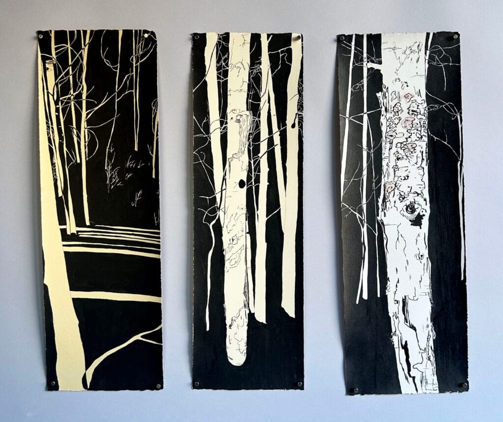 A striking triptych of three vertical panels captures the essence of a forest. The first panel reveals tree trunks with strong shadows, the second highlights intricate bark patterns, and the third presents a detailed close-up showcasing textured bark.
