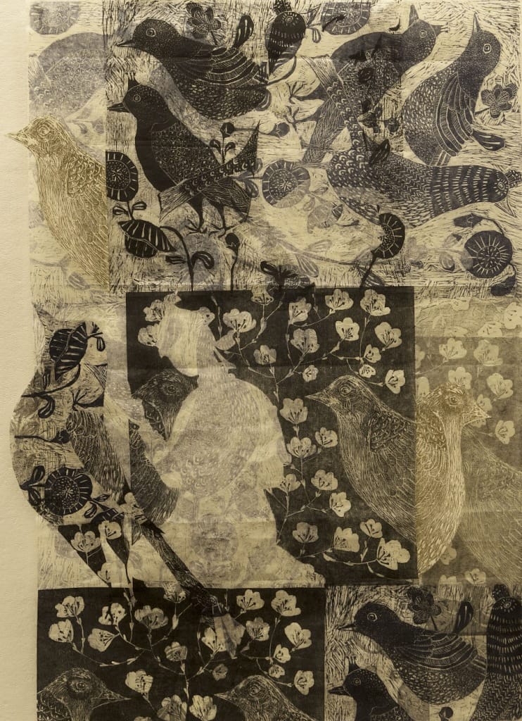 A collage of stylized birds and flowers in black, white, and beige. The overlapping images of birds with intricate patterns evoke a sense of emancipation. Wings spread across the canvas, creating a layered and textured effect with distinct floral and bird motifs.