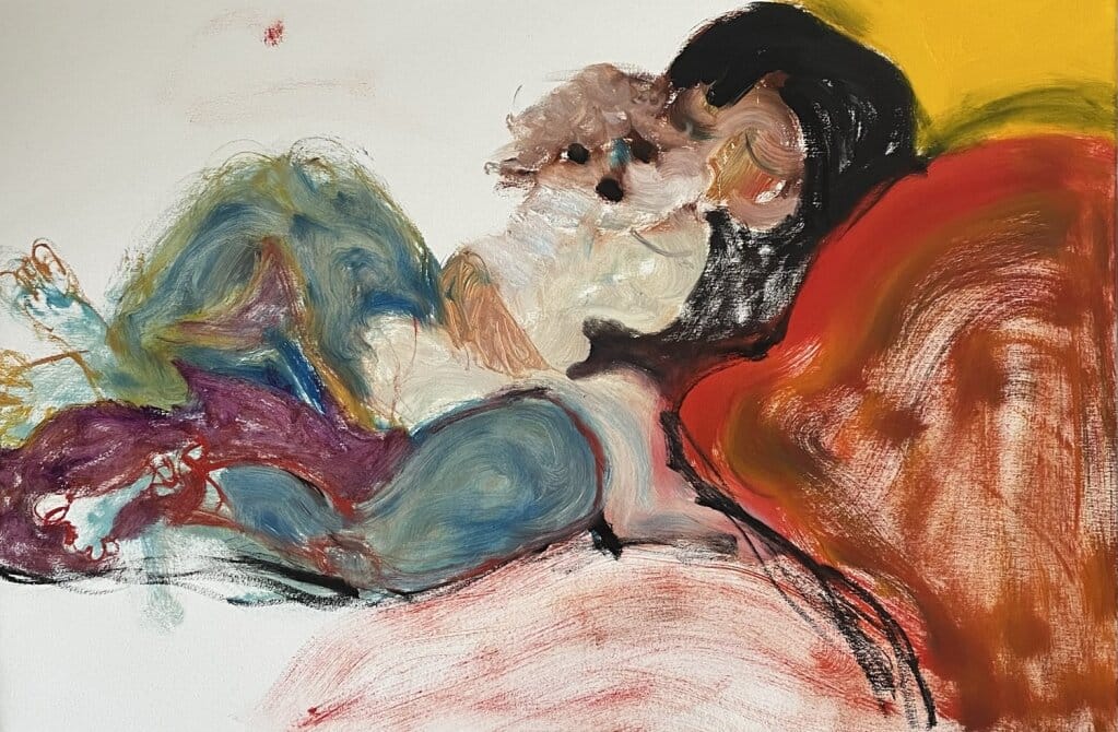 An abstract painting of a person lounging on a red couch, holding a small dog. With dark hair, they exude the theme Home is Everywhere amidst swirling blues, reds, yellows, and browns, creating a relaxed and cozy atmosphere reminiscent of Jasmine Chens artistic vision.