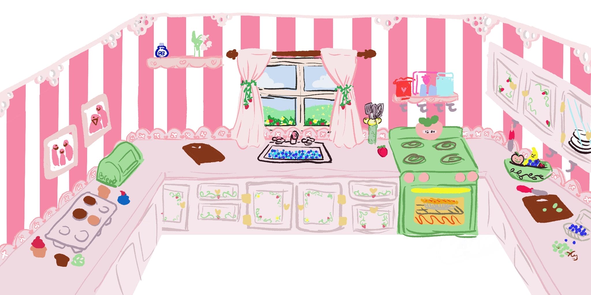 A playful illustration of a kitchen with pink and white striped walls.
