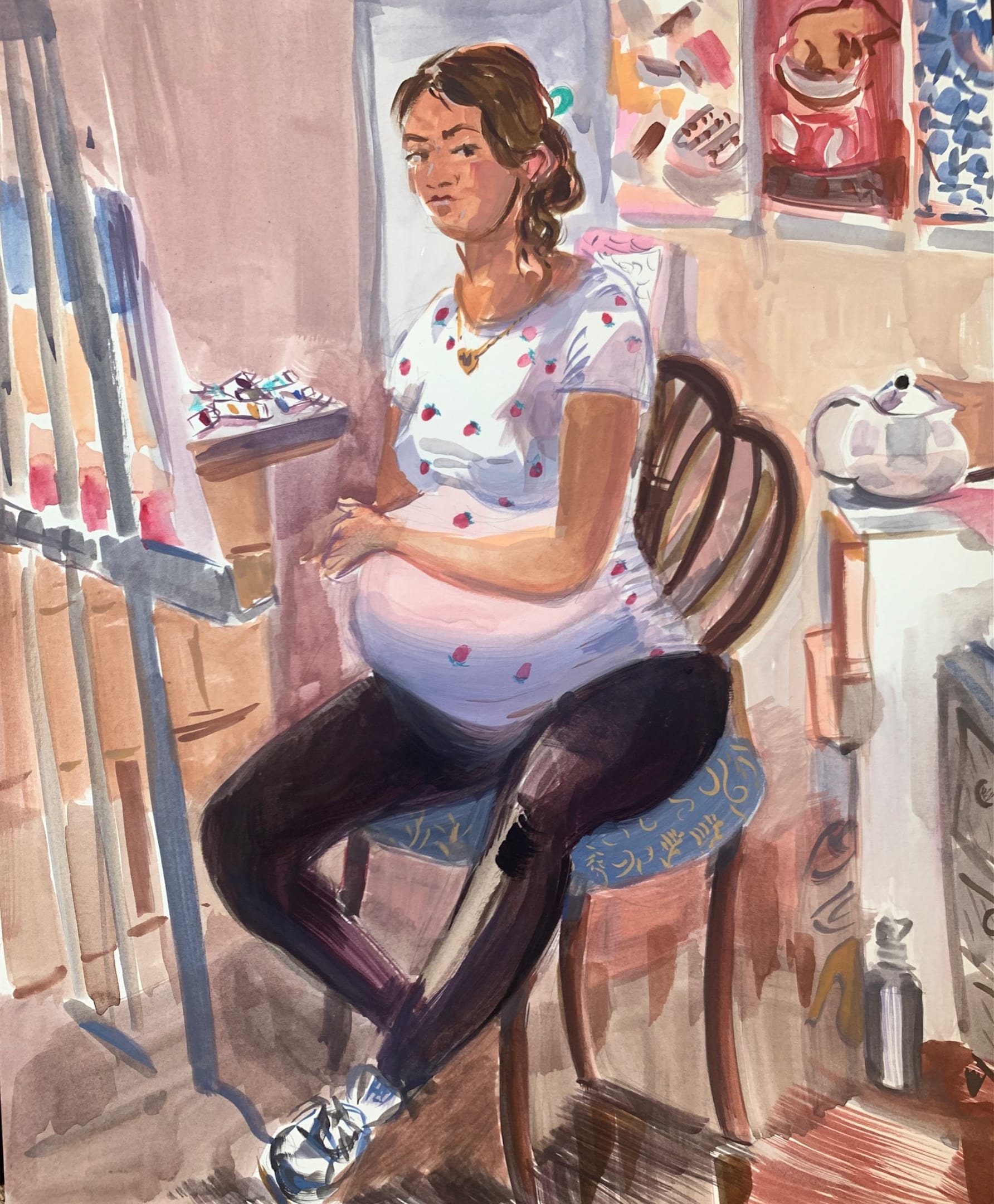 A painting of a pregnant woman sitting in her studio