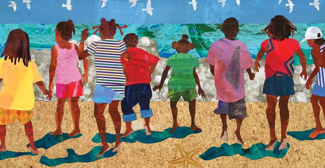 A colorful illustration featured in Martha’s Vineyard Magazine depicts nine children on a sandy beach, holding hands as seagulls soar above. The vibrant scene, reminiscent of an Ekua Holmes creation, showcases diverse clothing patterns and a starfish in the foreground.