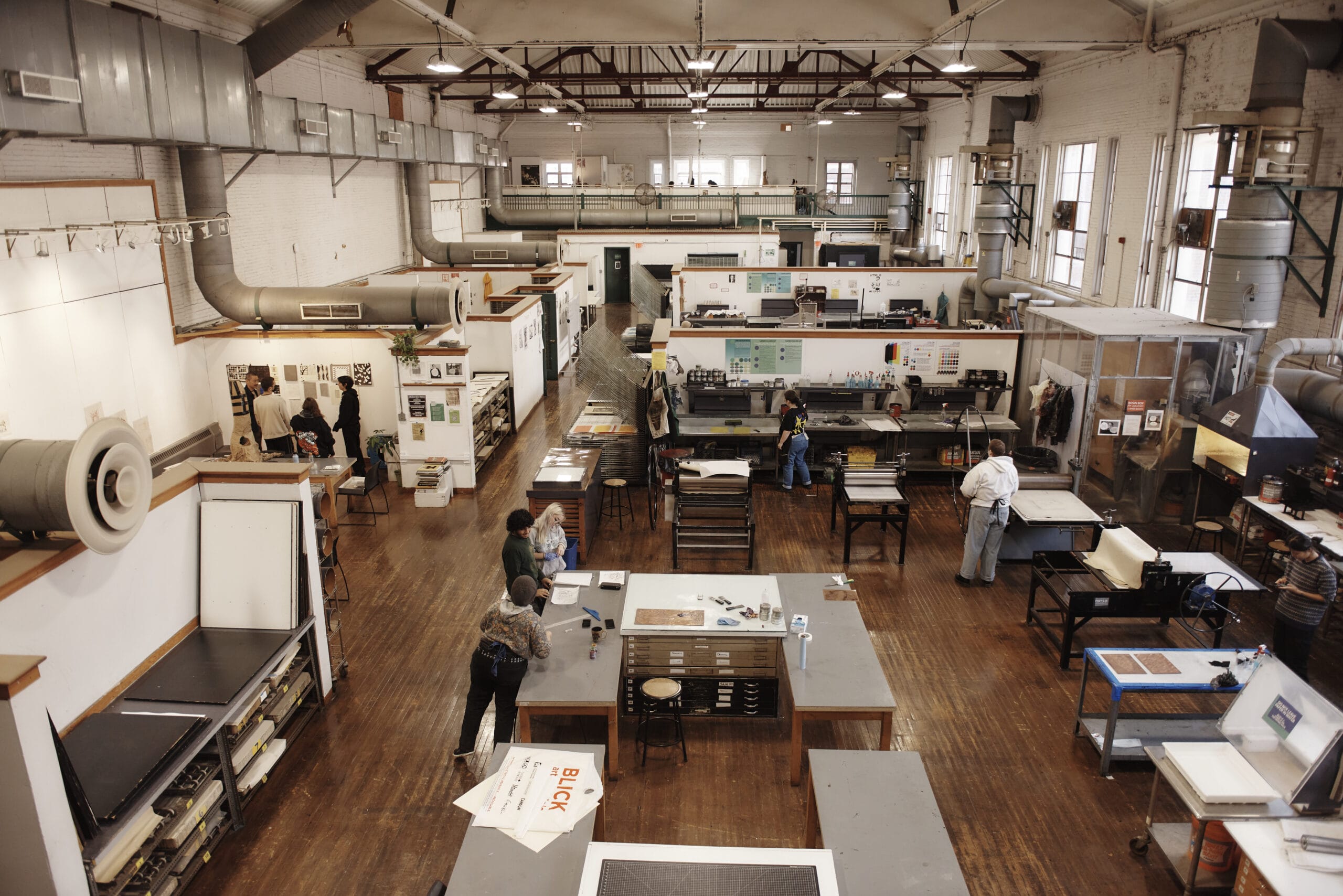 An aerial view of MassArt's Print Studio.