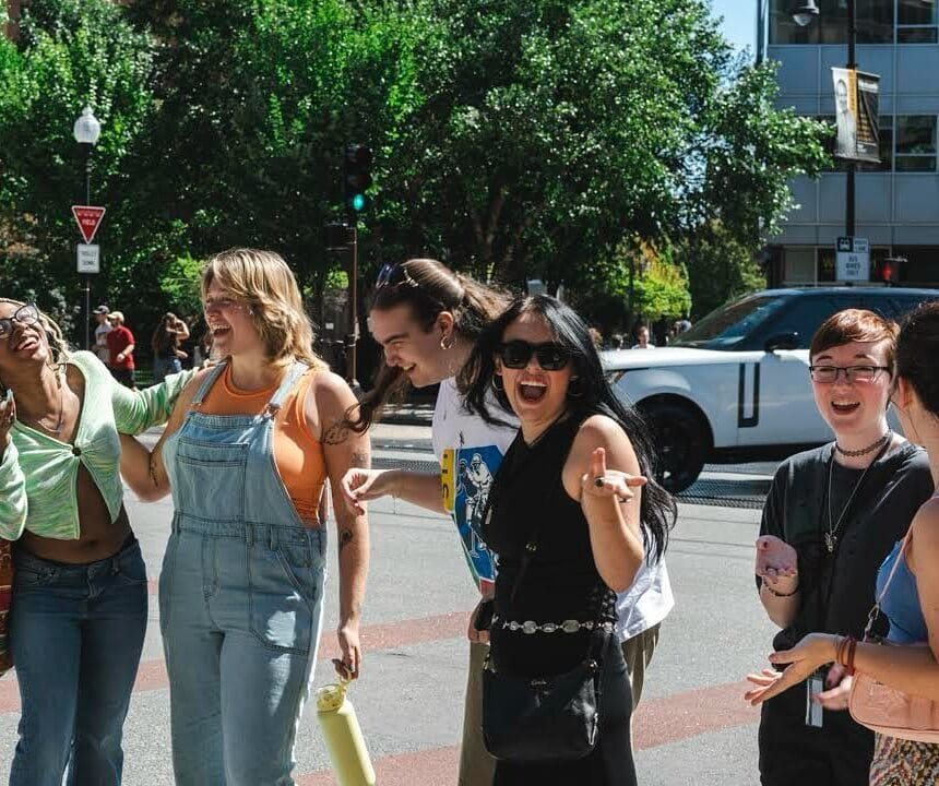 Students launching on the sidewalk outside MassArt