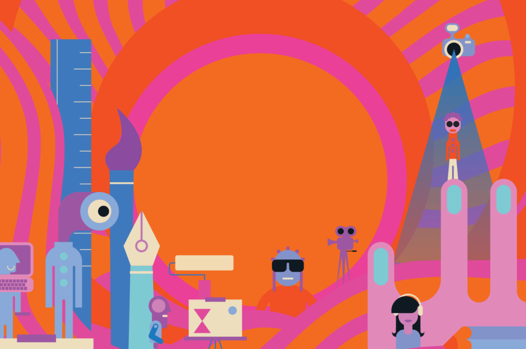 Colorful digital illustration with abstract human figures using technology, inspired by the vibrant energy of Bostons National Portfolio Day. Vibrant orange and pink swirls in the background. Includes elements like a ruler, pen, VR headset, camera, and giant hand, symbolizing creativity and innovation.