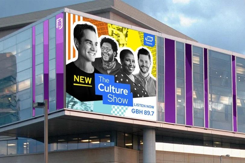 A digital billboard on the site of the GBH building, featured "The Culture Show."