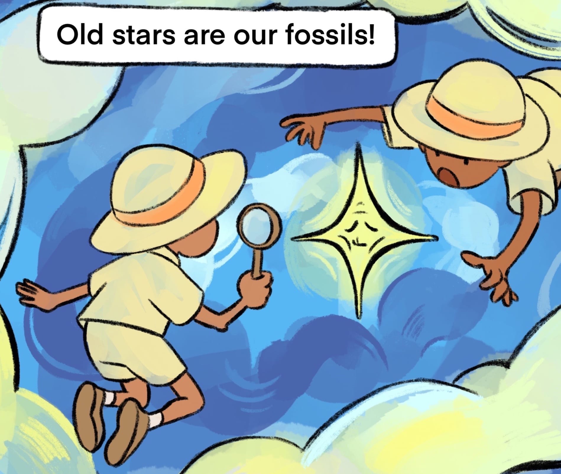 An illustration of two people wearing safari hats, one with a magnifying glass in their hand.