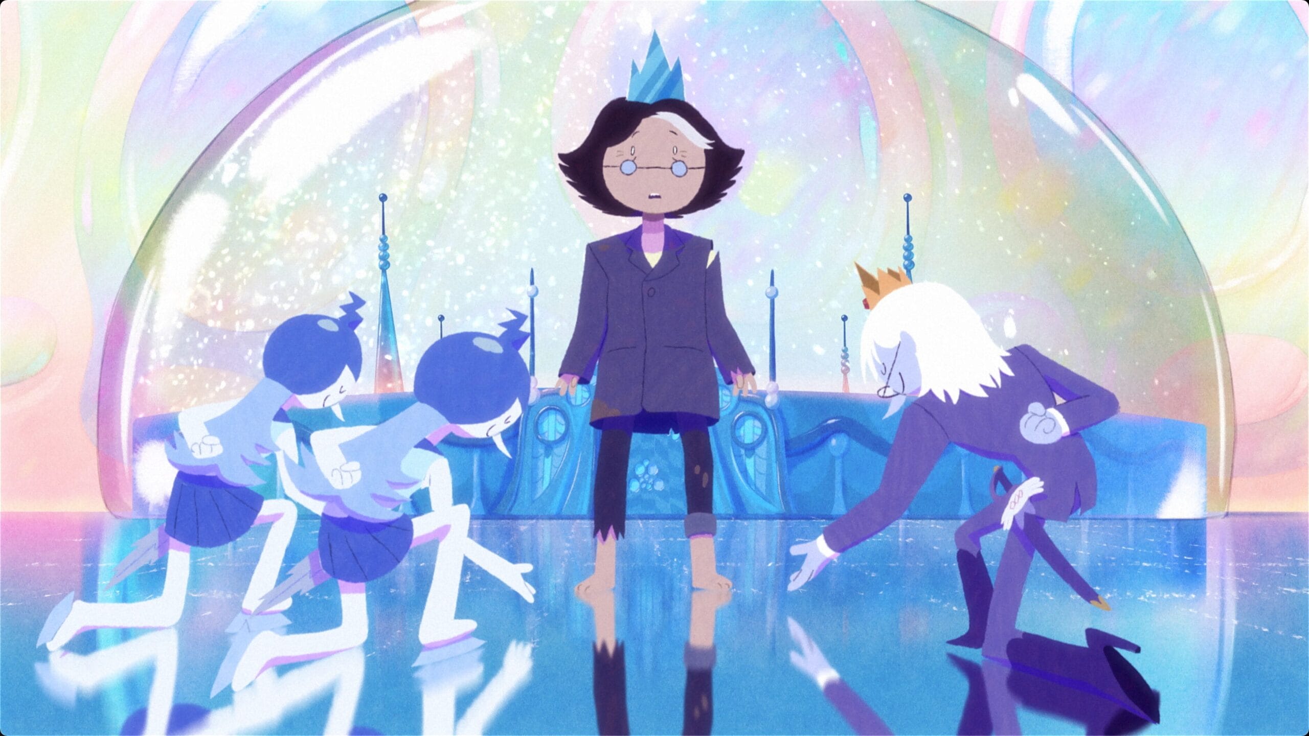 Animation still of people bowing to a shocked person standing in front of an ice castle.