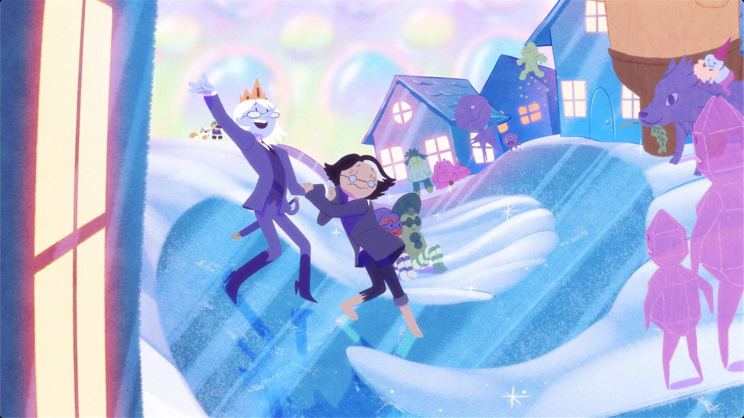 Winter animation scene of a white haired man wearing a crown pulling another figure who looks worried or scared.