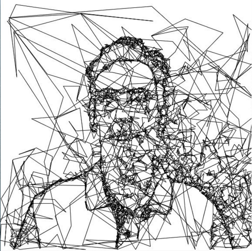 Abstract line drawing of a person. The image consists of many intersecting black lines on a white background, forming a rough outline of a face and upper body. The lines create a fragmented, geometric appearance.
