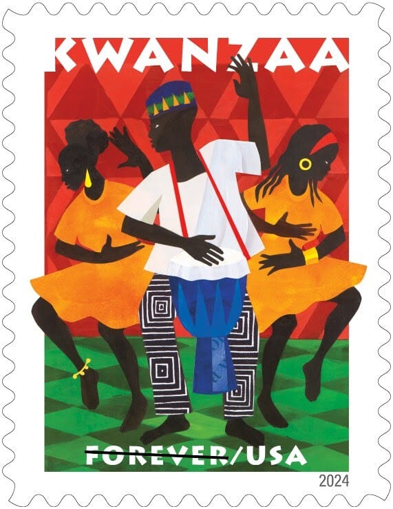 Kwanzaa stamp depicting a male drummer and two female dancers.