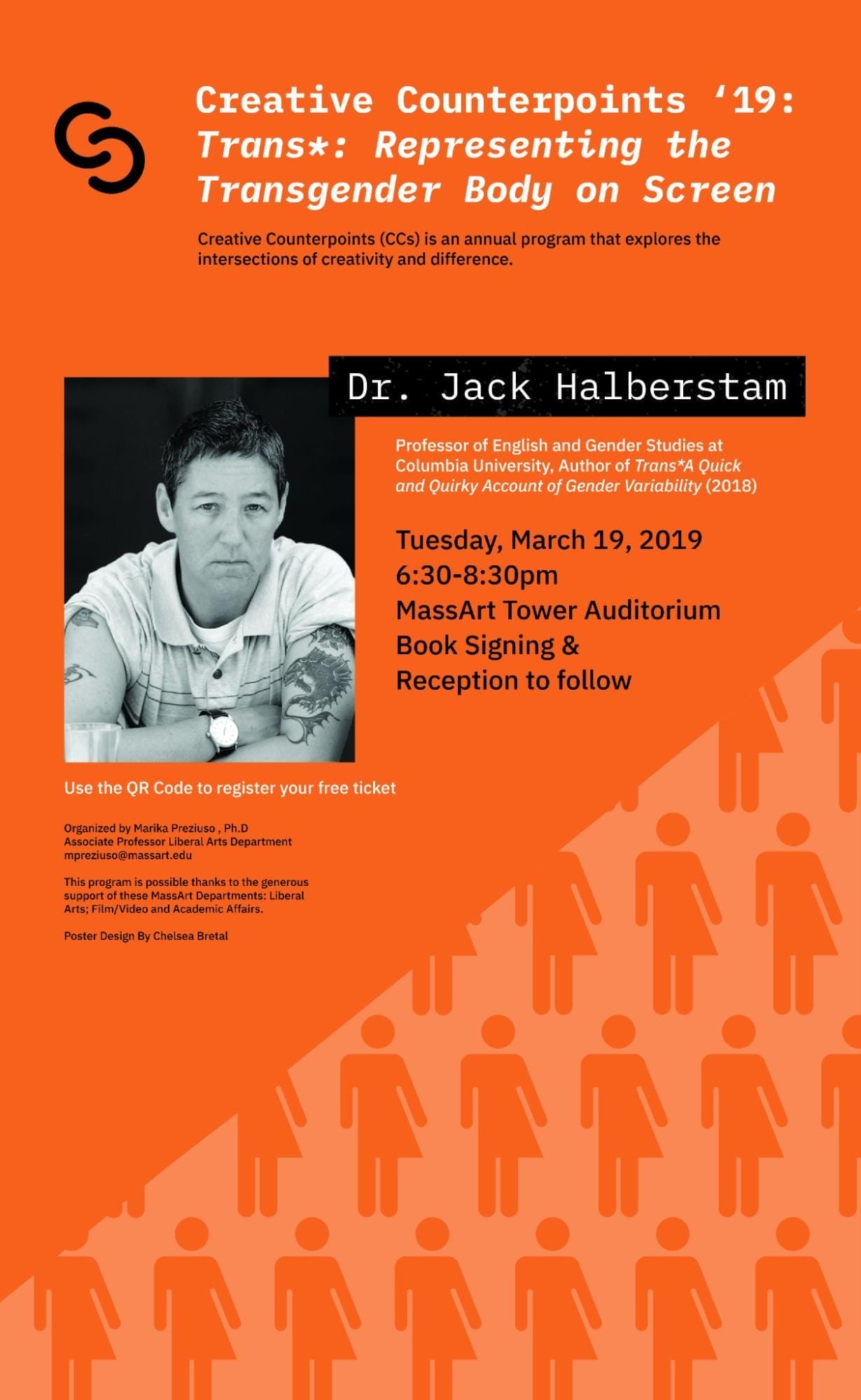 Poster for Creative Counterpoints 19 event titled Trans*: Representing the Transgender Body on Screen. Features Dr. Jack Halberstam, scheduled for March 19, 2019, at MassArt. Includes book signing details and a QR code for registration.