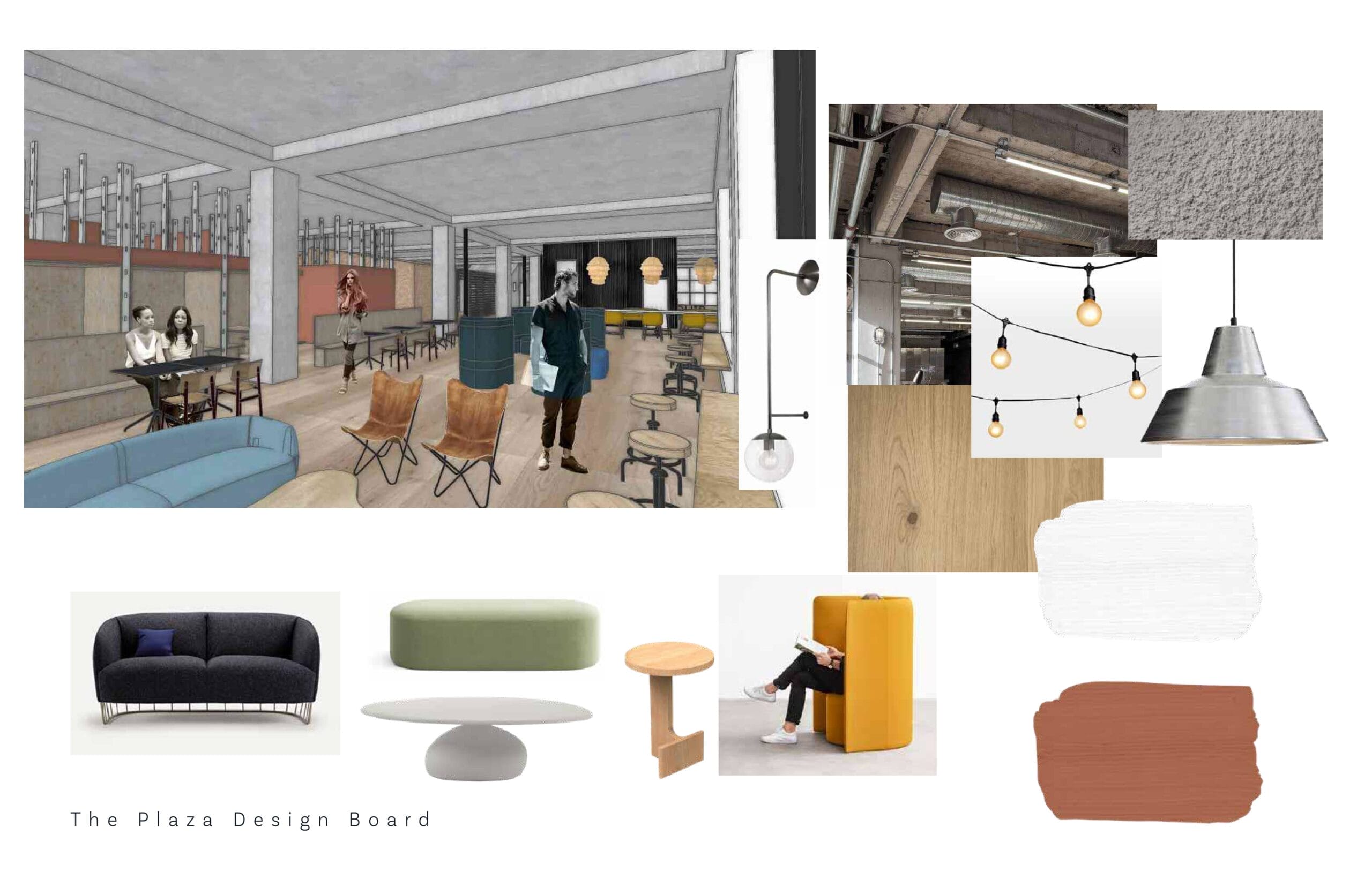 A design board featuring a collage with a modern cafe scene, lighting fixtures, fabric swatches, and furniture pieces showcases interior design elements. Included are a black sofa, green and yellow seating, a round wooden table, and industrial-style lighting. Text reads The Plaza Design Board.