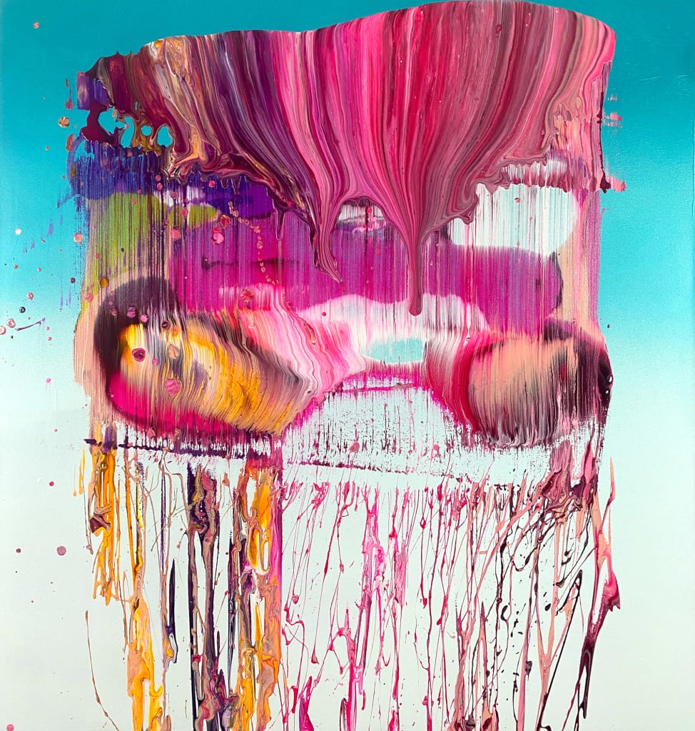 A colorful painting consisting of hot pink dripping paint and other colors cascading down a canvas with a background featuring a gradient of color from turquoise to white.