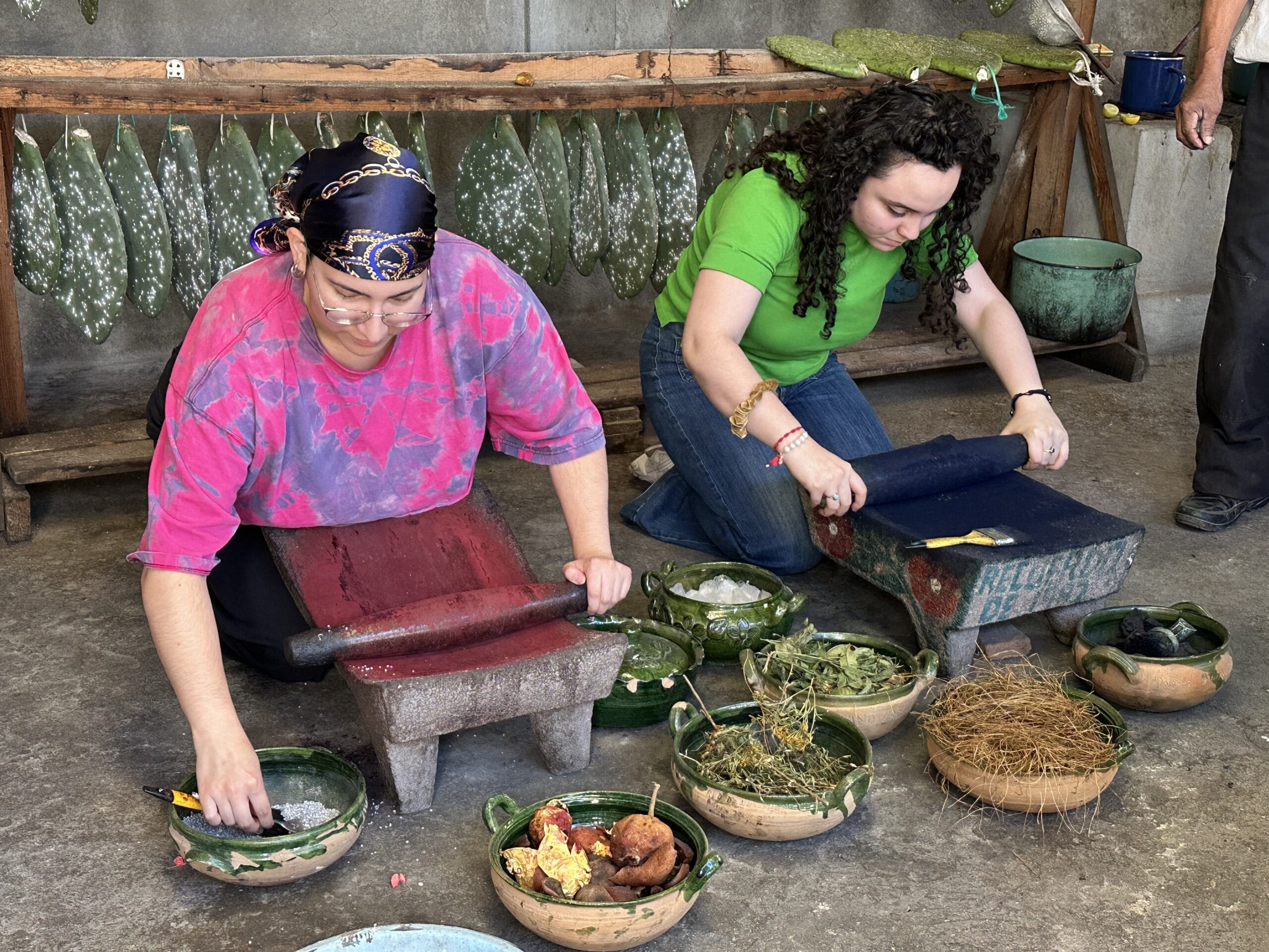 Two women kneel on the ground in front of bowls of herbs and ingredients used to create natural pigments.